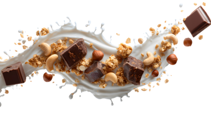 A white background with a chocolate bar and nuts on top of it. The chocolate bar is melting into the milk, creating a delicious and messy scene