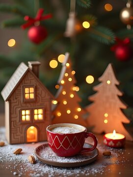 Three different types of christmas decorations, including a house, a cup and a cup of hot