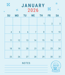 Minimalistic planner page for January 2026 with snowflakes and Santa Claus, vector isolated illustration