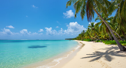 Stunning Tropical Beach Scene White Sand, Turquoise Waters, and Lush Palm Trees