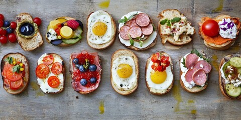 Colorful assortment of gourmet open-faced sandwiches arranged on a rustic wooden table, showcasing various toppings like eggs, vegetables, and meats for a delightful culinary experience