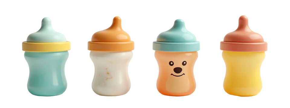A set of three baby sippers with different designs on them.