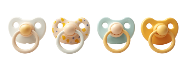 A set of three different colored baby pacifiers