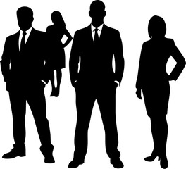 Silhouette of a business team, two men and two women in suits, standing together, symbolizing teamwork and professionalism