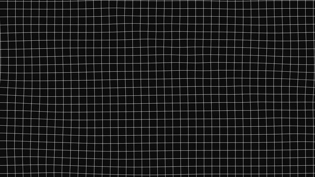 Moving black and white distorted grid background, simple vintage wavy table panel interface in dolly motion, flow matrix graphic concept, retro style wave line pattern, computer loading screen