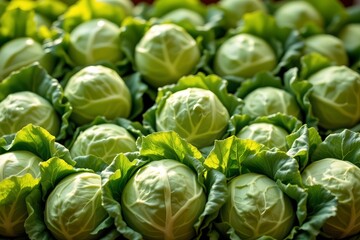 fresh vibrant green cabbages arranged at the bottom of the frame, backlit for a warm glow, ample copy space at the top for photo use.