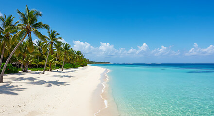 Naklejka premium Tropical Paradise Pristine Beach with Lush Palm Trees and Turquoise Waters
