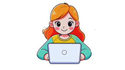 Cartoon vector illustration of a girl student working on a laptop, reading a book, and drawing in a notebook