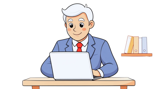 Cartoon chef or businessman with a laptop working in a kitchen or restaurant, an illustration for food and cooking business - Powered by Adobe