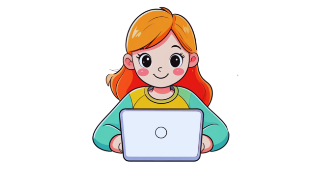 Cartoon vector illustration of a girl student working on a laptop, reading a book, and drawing in a notebook