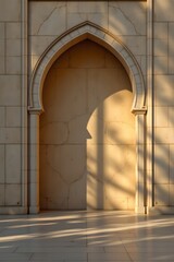 islamic arch casting shadows in golden light on neutral backdrop, subject on the right side, leaving space on the left for text, perfect for islamic banner design.