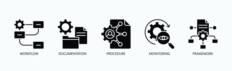Obraz premium Mastering The Process Icon Set Isolated Vector With Icon Of Workflow, Documentation, Procedure, Monitoring, Framework In Glyph Style
