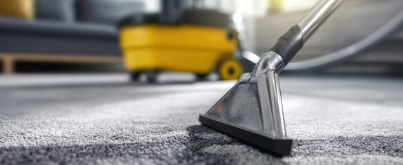 Fototapeta premium The advanced vacuum cleaner performing a deep clean on soft carpet surfaces.