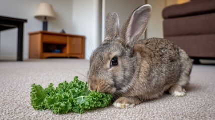 A brown agouti rabbit eats fresh green kale on carpet in a living room.