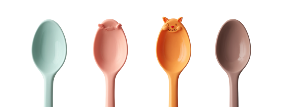 A set of four spoons with a cat face on them.