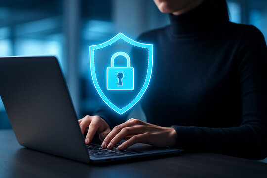 Cyber security data protection concept woman using laptop with shield and padlock for safety online - Powered by Adobe