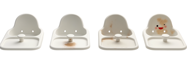 A set of four white ceramic baby chairs with a smiley face on them.