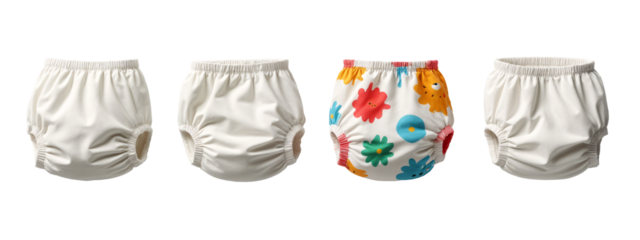 Three white cloth nappies with colorful designs on them.
