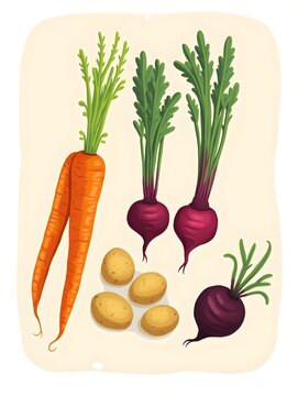 Root Vegetables Carrots with Potatoes, Beets, and Illustration.
