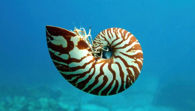 Nautilus shell in its natural habitat, deep blue ocean aquatic environment