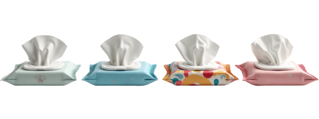 A row of four different colored tissues sitting on top of each other.