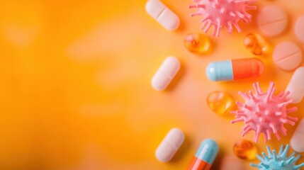 Colorful assortment of pills and virus models on bright orange background