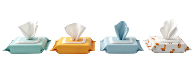 A set of four tissue boxes with different designs on them.