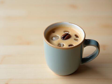 A matte ceramic cup with iced coffee on a light birchwood surface. Decorated with a single coffee bean on the foam.