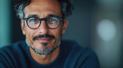 Obraz premium A close-up portrait of a smiling man with glasses and curly hair, radiating confidence and warmth, set against a softly blurred background, showcasing his approachable character.