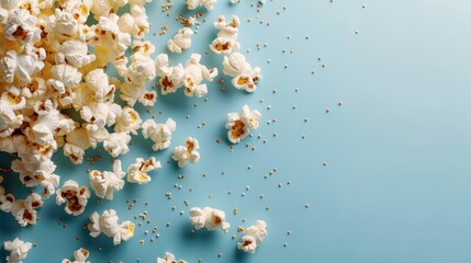 A vibrant scattering of freshly popped popcorn on a light blue surface creates a playful mood, invoking the joy of movie nights and snacks shared with friends and family.