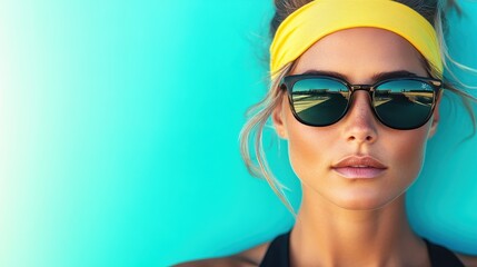 A confident woman sports fashionable sunglasses and a vibrant headband against a stunning gradient backdrop, embodying a chic, carefree summer spirit and youthful energy.