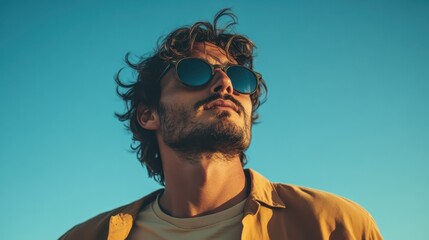 A confident young man wearing sunglasses poses against a backdrop of a clear blue sky, exuding a sense of freedom and style that captivates the viewer's attention.