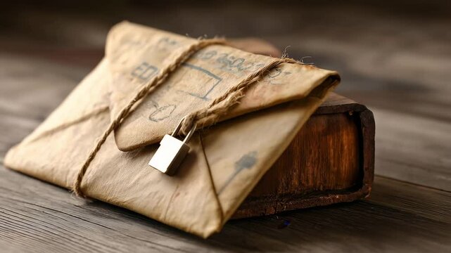 A weathered envelope tied with string and secured by a padlock sits on a wooden surface, evoking mystery and secrecy.