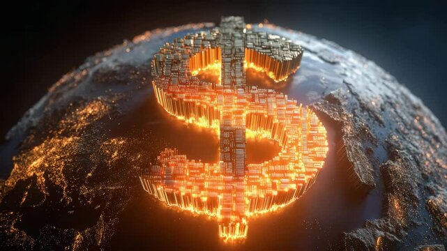 A glowing dollar sign rises from a dark globe, symbolizing global finance, economics, and the influence of money worldwide.