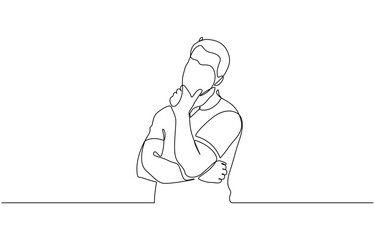 Fototapeta premium Continuous one line drawing of businessman thinking with his hand on his chin, Crossing left arm,right hand touching at chin. Man pose thinking in single line draw illustration. Editable stroke.
