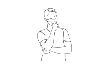 Continuous one line drawing of businessman thinking with his hand on his chin, Crossing left arm,right hand touching at chin. Man pose thinking in single line draw illustration. Editable stroke.