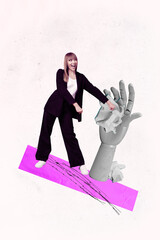 Sketch vertical photo collage of human hand control girl manipulation hostage concept crumpled...