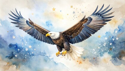 Fototapeta premium Watercolor Eagle with Stars Concept. Majestic eagle soaring through a starry sky in watercolor style.