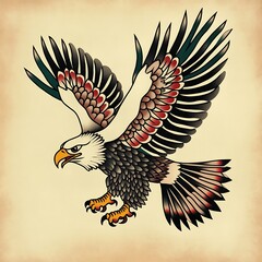 Tattoo style soaring eagle with floral accent in traditional flash art concept for design and illustration