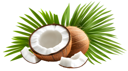 A close up of a coconut with a leaf on top. The coconut is cut in half and the inside is visible