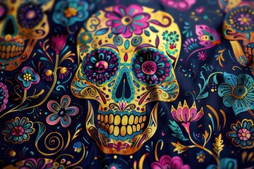 High Resolution of Colorful Skull Pattern for Day of the Dead Celebrations