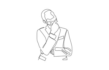 Continuous one line drawing of businessman thinking with his hand on his chin, Crossing left arm,right hand touching at chin. Man pose thinking in single line draw illustration. Editable stroke.