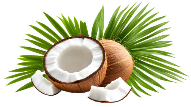 A close up of a coconut with a leaf on top. The coconut is cut in half and the inside is visible