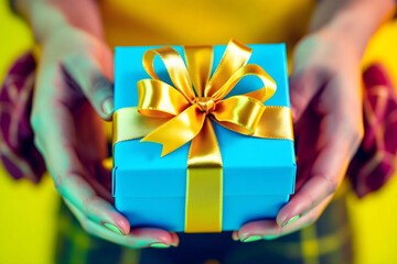 Hands offering gift box with yellow bow