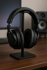 pair of black headphones on stand.