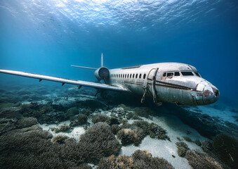 Sunken Airplane Wreck Over Coral Reef Underwater