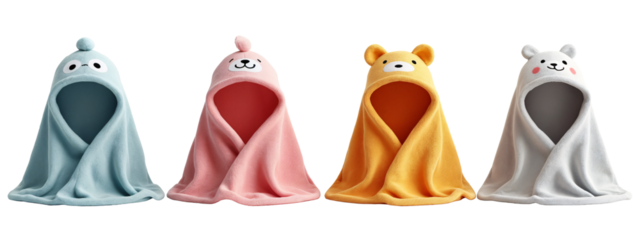 A group of four different colored hooded blankets with a bear face on them.