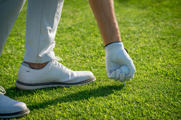 Golfer placing ball on tee, starting game on golf course
