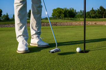 Golfer putting ball on green of golf course