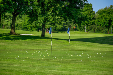 Golf balls scattered on practice green